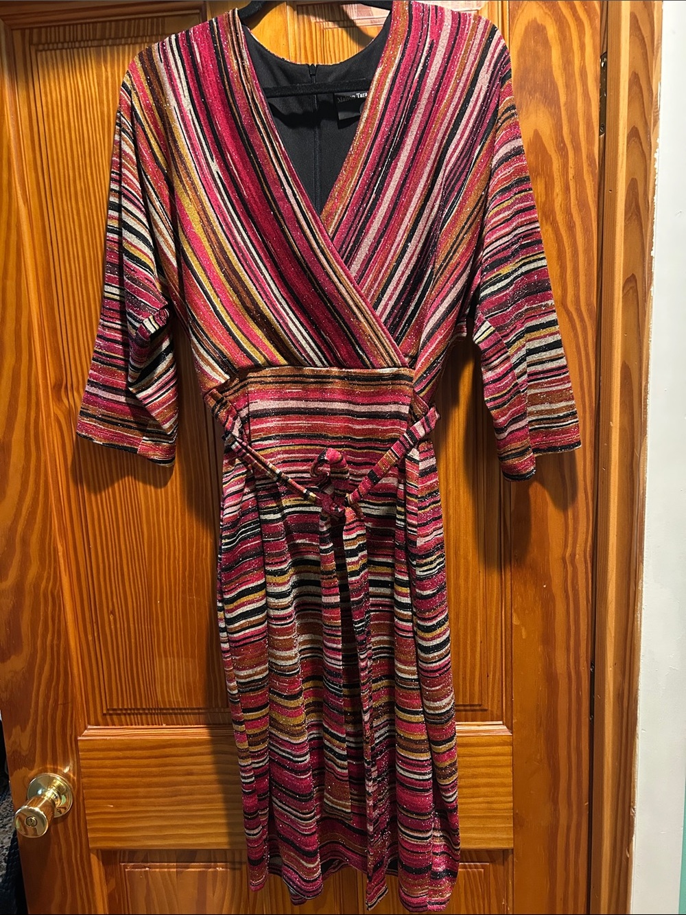 Maison Tara Striped Wrap Midi Dress in Magenta, Gold and Black